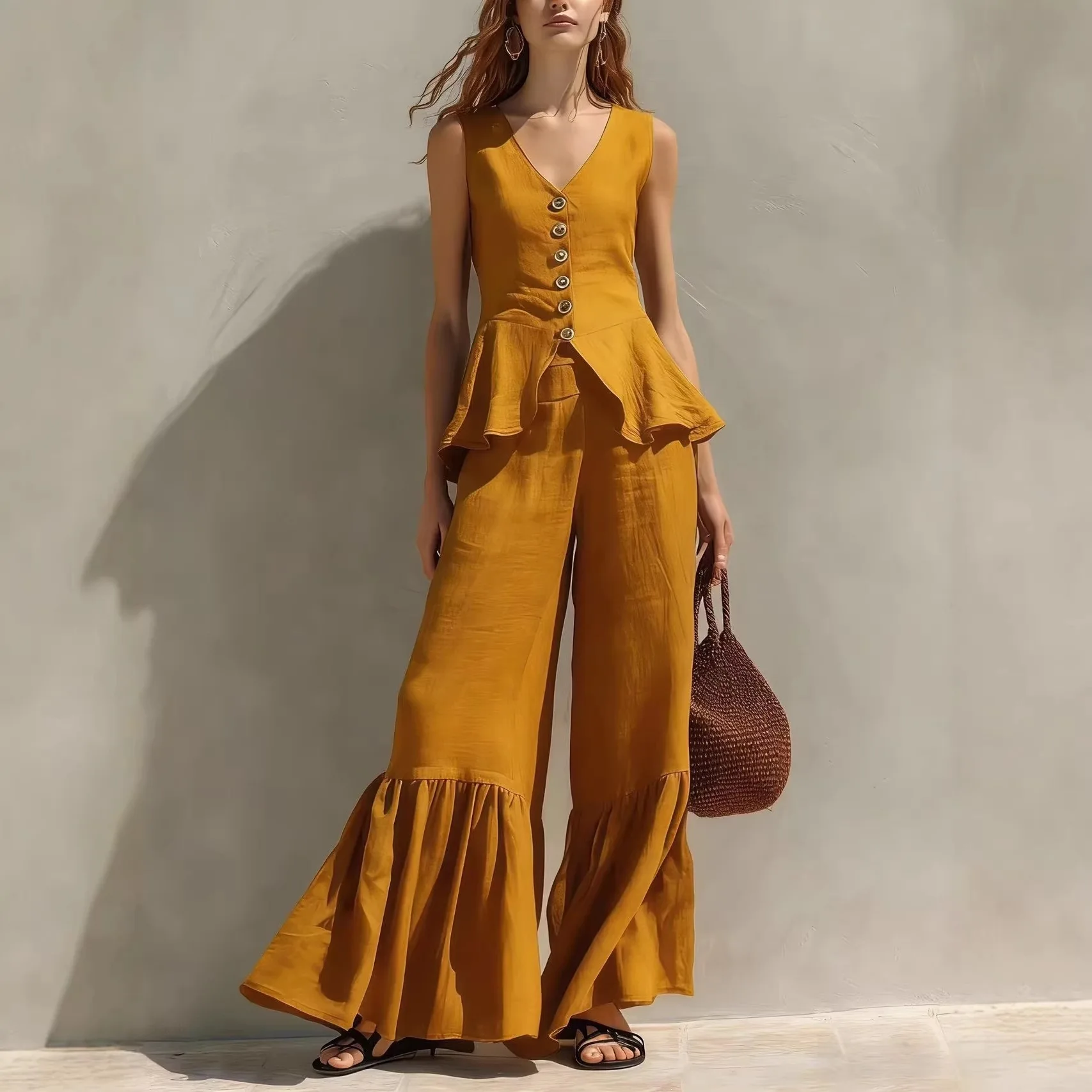 2026 New Women's Linen V-neck Button-up Top Wide-leg Pants with Lace Trim Cross-border Holiday Style Casual Sportswear Set