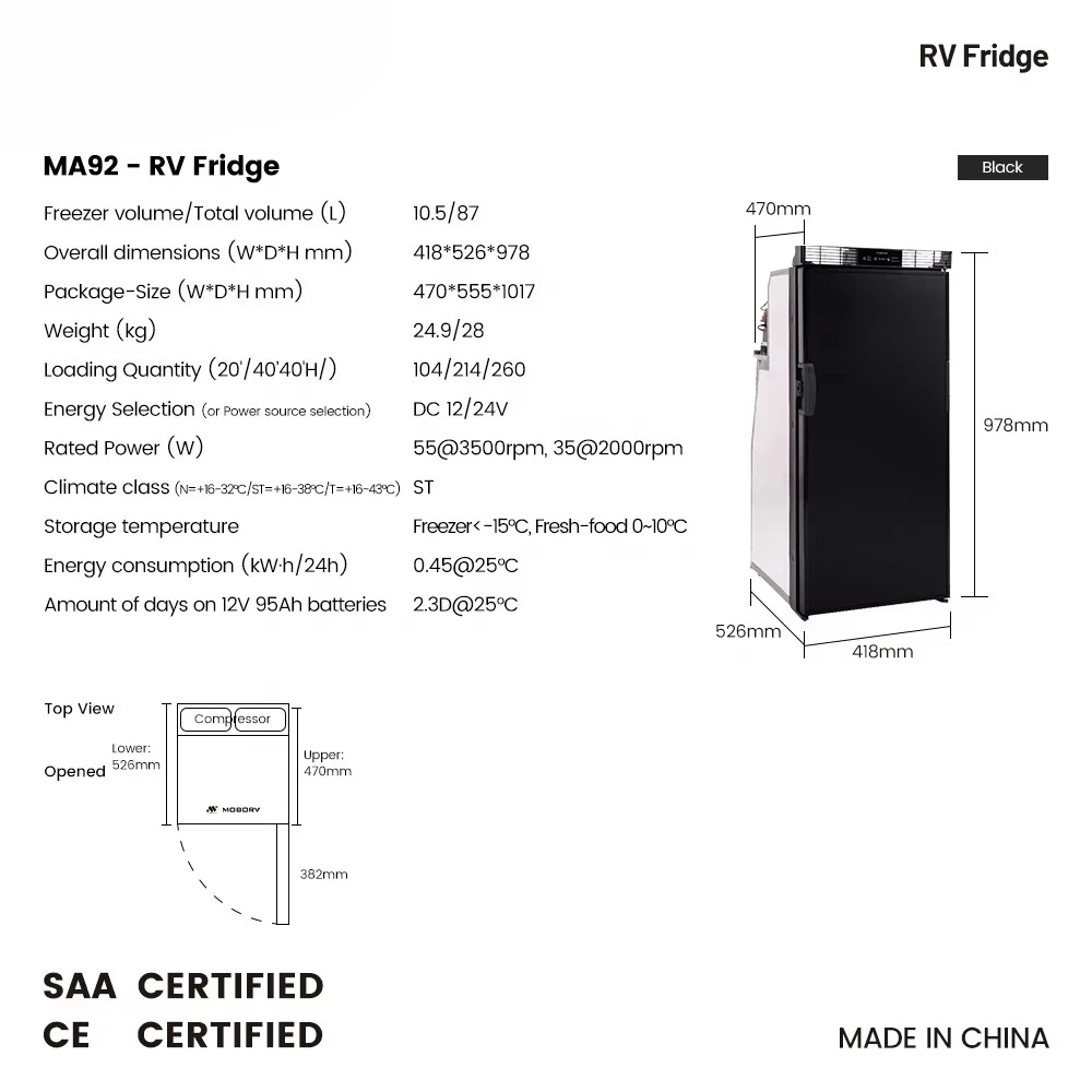 RV Appliances 12V DC Slim Compressor caravan Rv Fridge 92L SAA CE Certified Camper Van Refrigerator