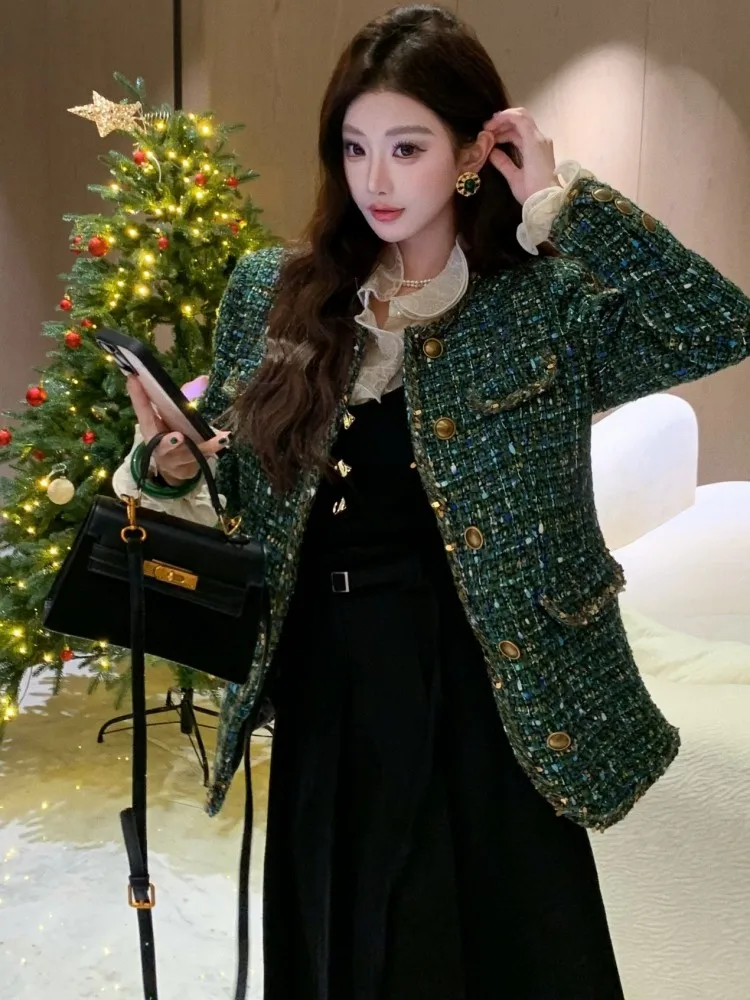 Spring Autumn Women Office Fashion Multi Pockets Slim Fit Jacket O Neck Single Breasted Long Sleeve Ladies Designer Short Coat