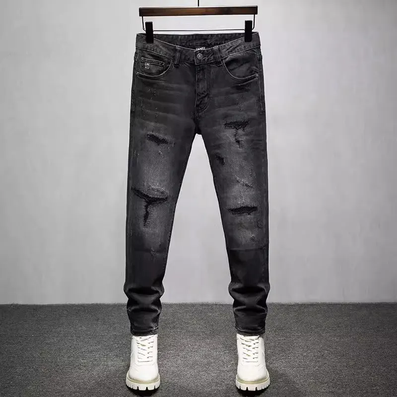 

Street Fashion Men Jeans High Quality Retro Black Gray Stretch Slim Fit Patched Ripped Jeans Men Vintage Designer Denim Pants