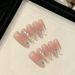 10Pcs Glitter Cat Eye Press on Fake Nails with Diamond Sequins Gradient False Nails Long Almond Artificial Nails Nude Nail Tips
