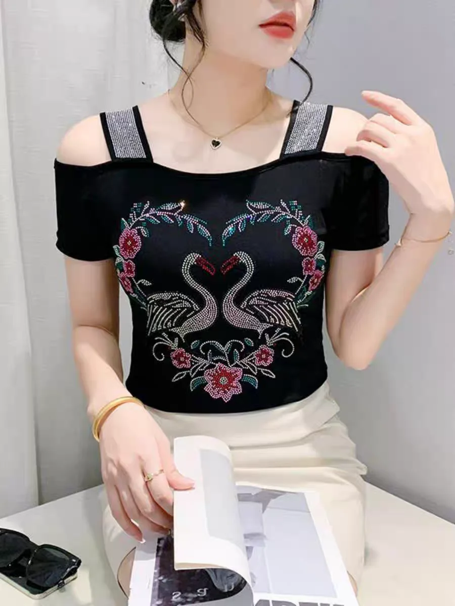 Echte Foto 'S Zomer Mode Mesh T-Shirt Vrouwen Diamanten Bloemen En Planten Korte Mouw Hoge Stretch Slanke T-Shirts Dames Tops