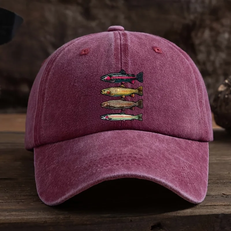 A Stylish And Versatile Baseball Cap Featuring an Interesting Print of Four Fish, Perfect for Men'S Outdoor Wear