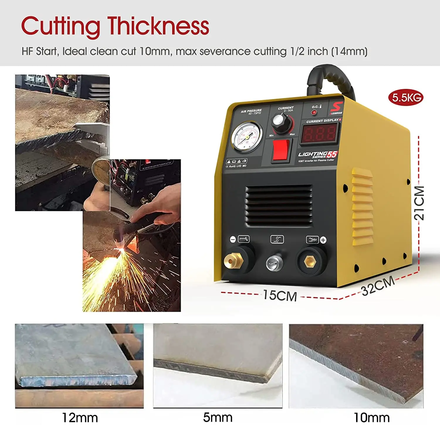 SUSEMSE Plasma Cutter 55 Amp HF IGBT Inverter Portable Air Plasma Cutting Machine with Accessories 12MM Clean Cut for Metal