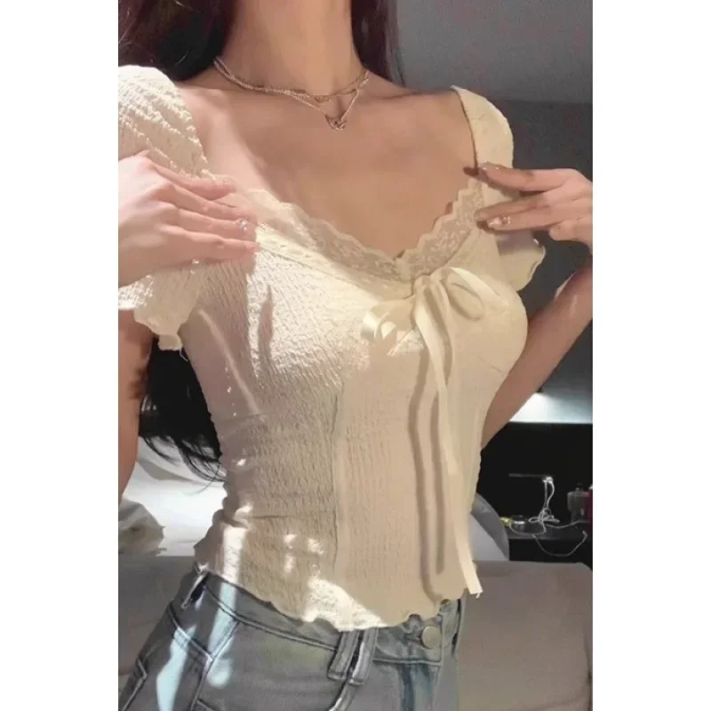 Pop Pop Slim Fit Lace Patchwork V-neck Short Sleeve T-shirt Women Summer New Style Pure Desire Belly Baring Spicy Girl Top