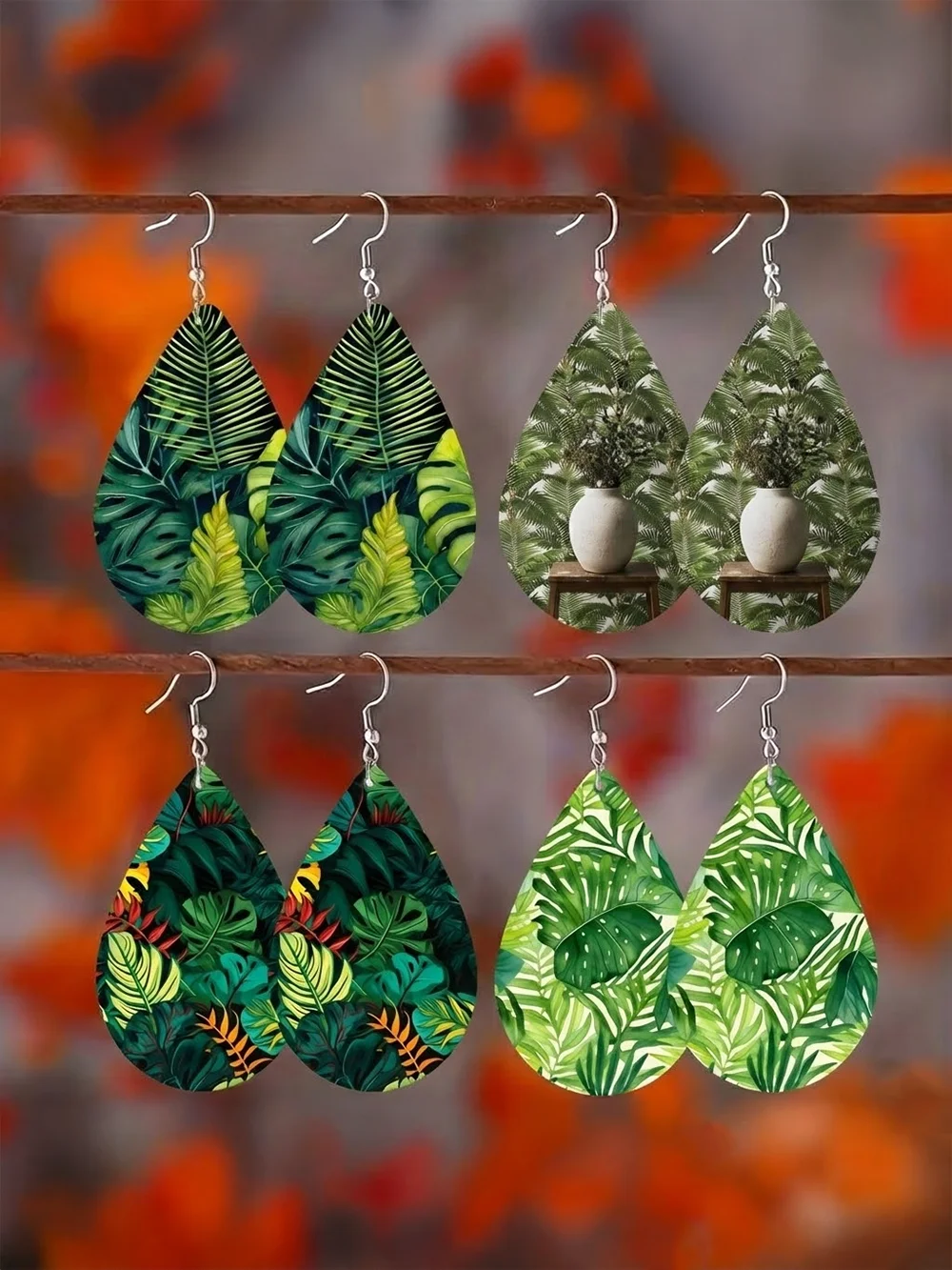 4 Paar/Set, modisches Ohrhänger-Set für Damen, pastoraler Stil, tropischer Regenwald, grüne Pflanze, Monstera-Blatt-Druck, tropfenförmige Holzohrringe, geeignet für Urlaub, Alltag, Geschenk, Feiertage