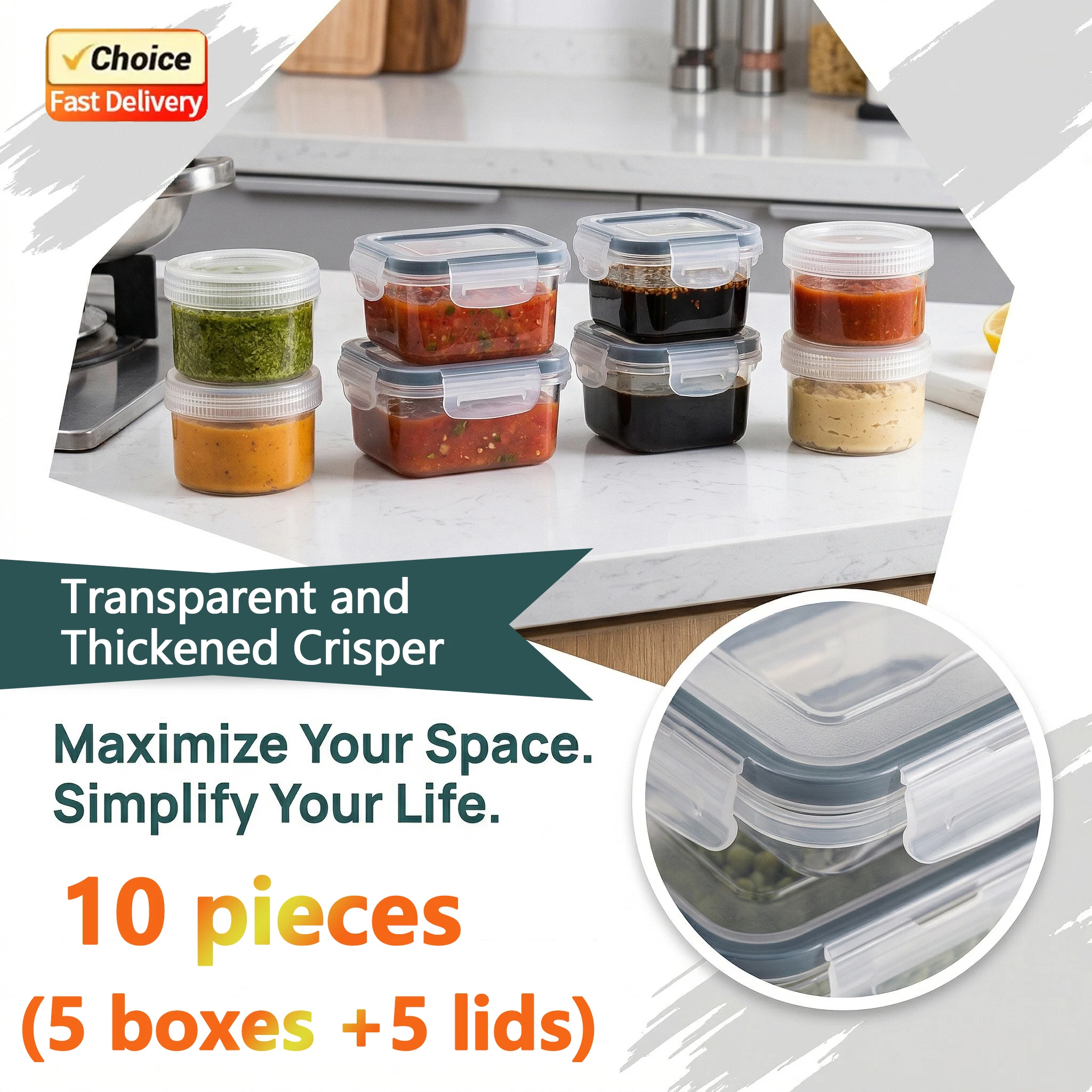 10 Piece Plastic Food Storage Containers Set 5 Sizes Stackable Reusable for Fruits Vegetables Pasta Lunch Kitchen