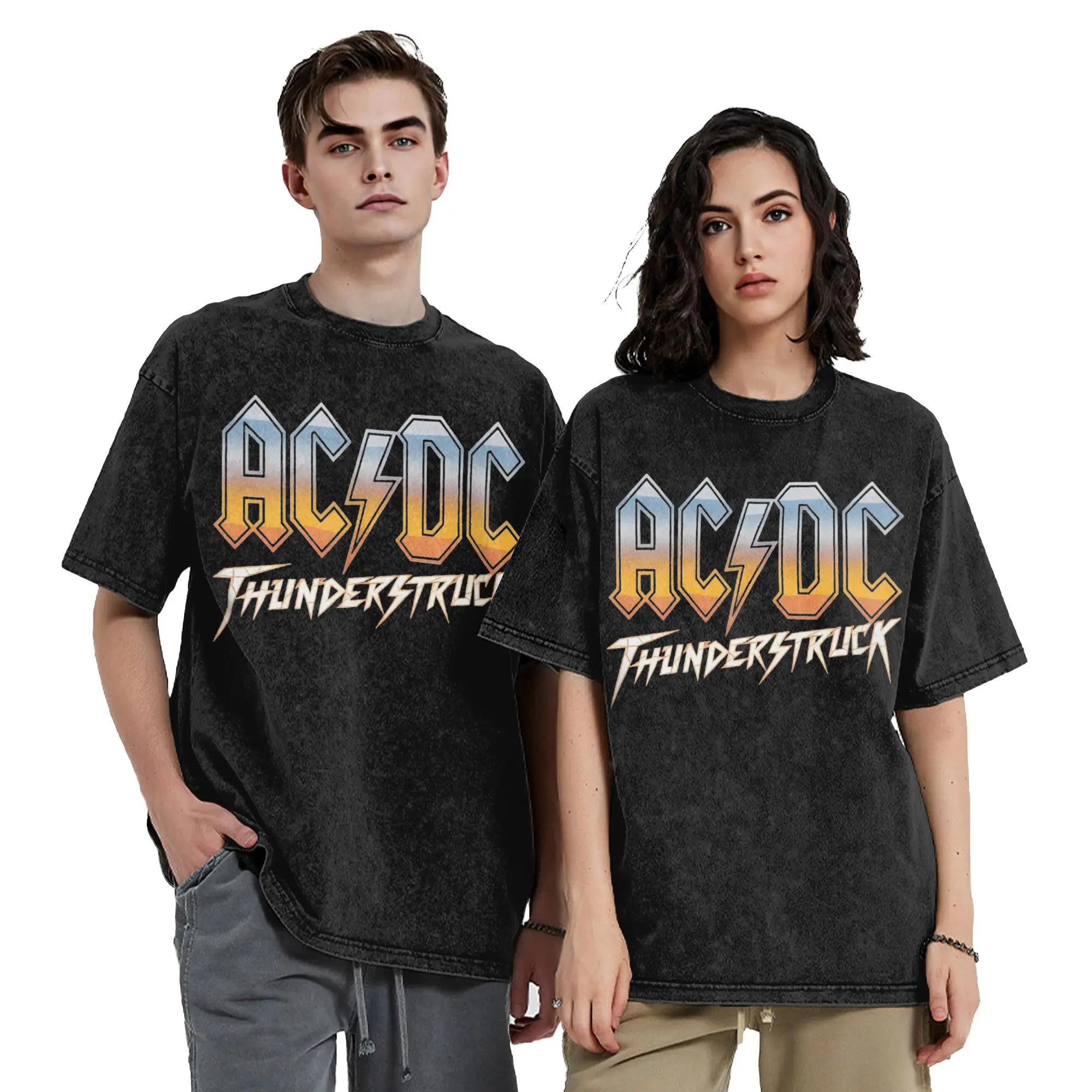 THUNDERSTRUCK AC-DC T Shirts Hip Hop Washed Short Sleeve Oversize T-Shirts  Fashion for Men Women Streetwear Printed Tee Shirt