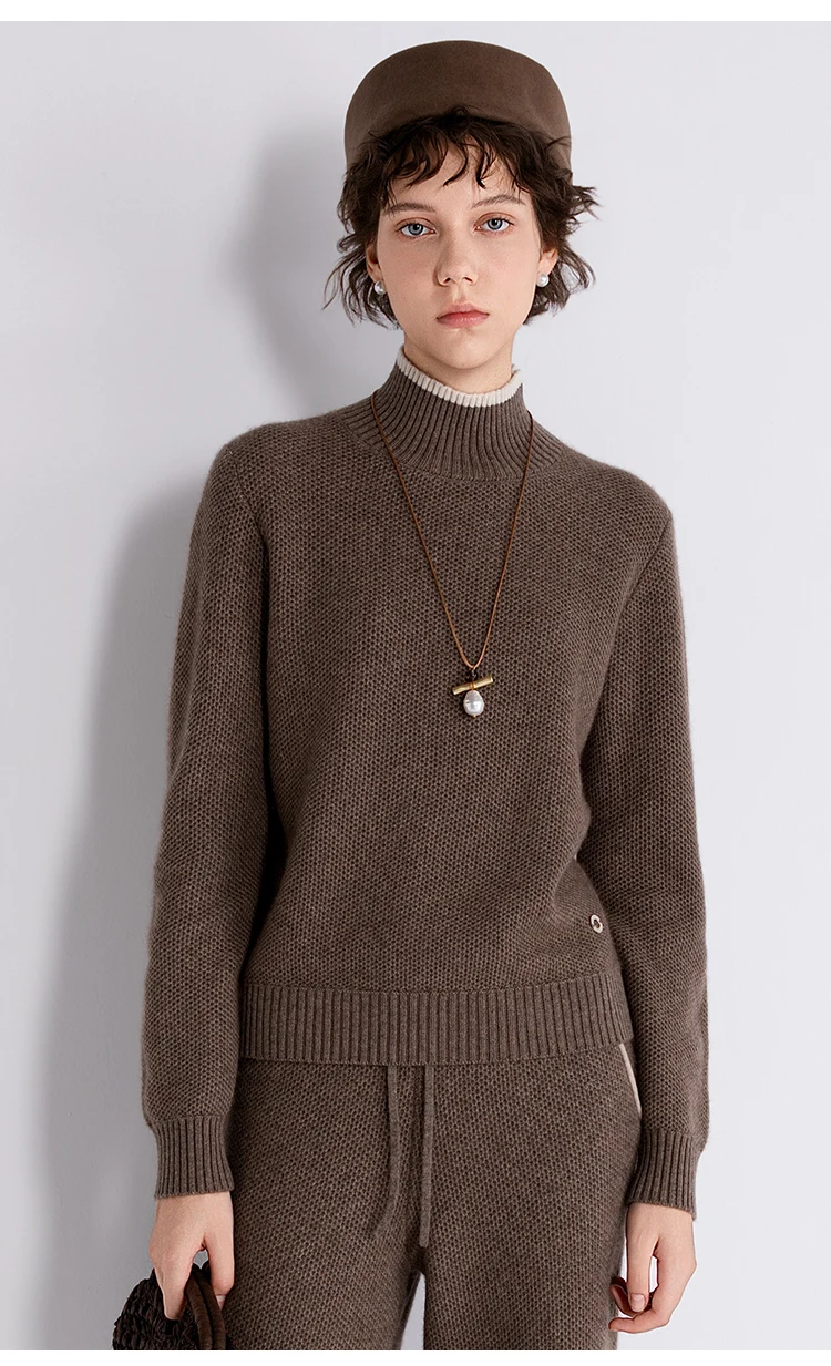 TX862184 Damen-Woll-Kaschmir-Mischung Pullover mit Stehkragen, geripptem Saum, entspannter Passform, LP Quiet Luxury, Frühherbst – Detail 11
