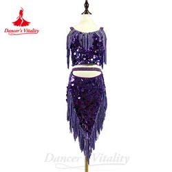 BellyDance Costume Set Customsized Big Sequins Top+Sexy Fringe Skirt 2pcs Adult Children Oriental Dance Performance Costumes