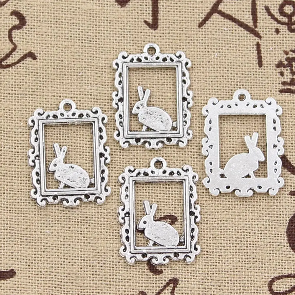 12pcs 매력 액자 토끼 24x17mm 골동품 만들기 펜던트 맞는, 빈티지 티베트어 청동 실버 색상, DIY 수제 보석