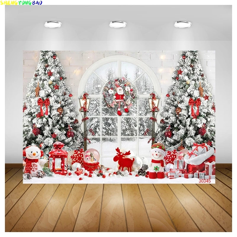 

Vinyl Custom Christmas Tree Window Wreath Photography Backdrop Wooden Doors Snowman Cinema Pine New Year Background Prop ZZ-21