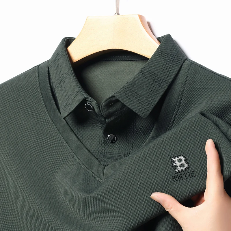 

High End Luxury Men's Polo Shirt Lapel Fake Two Piece Long Sleeve Fall New Print Plaid T-Shirt Fashion Casual Versatile Menswear