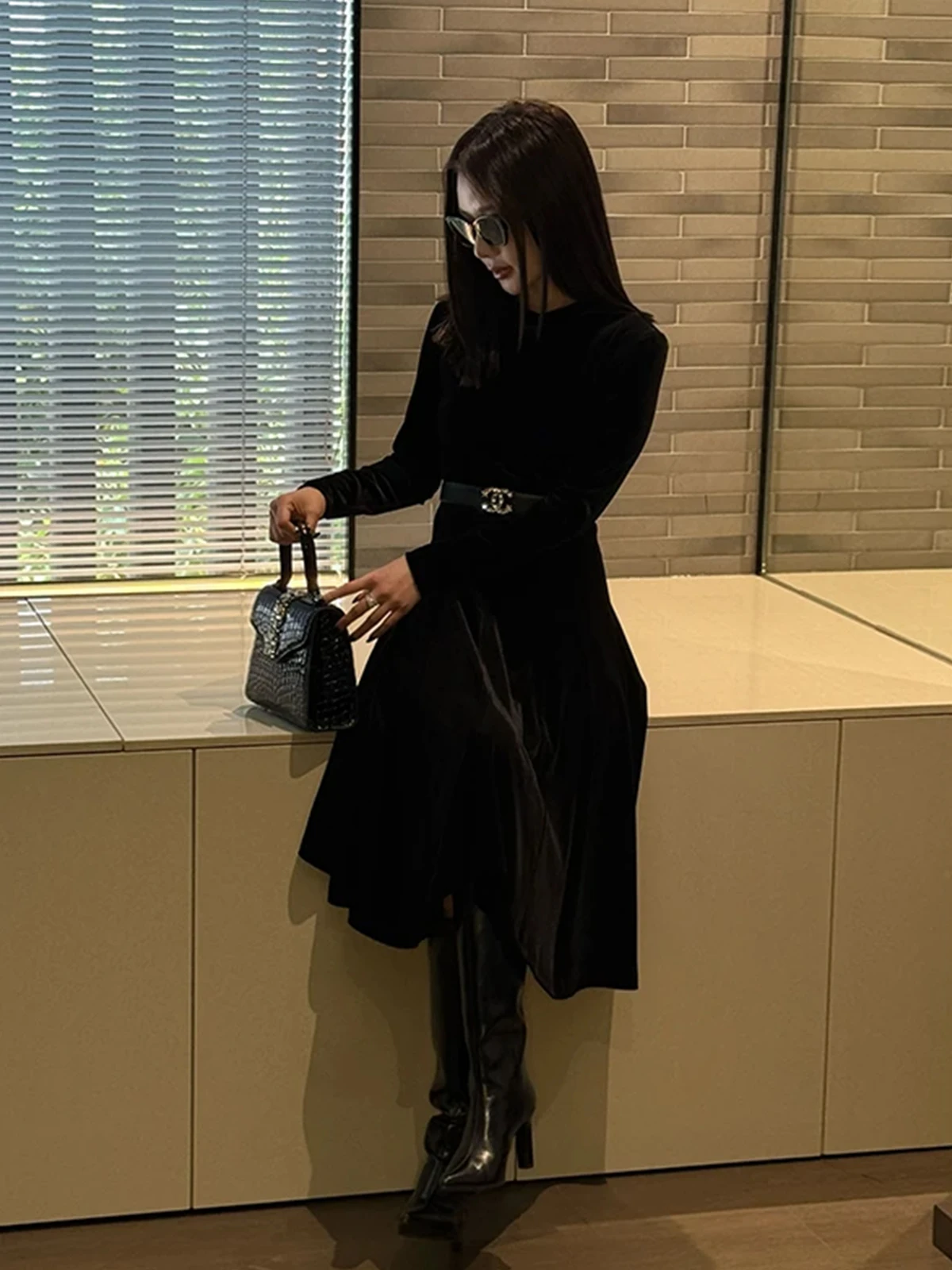 

Ele Texture Bla Velvet Dr Women's A-Line Skirt Sle Long Sve U-Neline Thiened Autumn Winter Vintage Dr