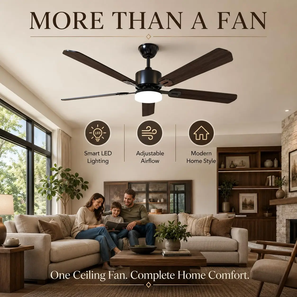 42 Inch Ceiling Fans with Lights and Remote Control, Black Dual-Sided Blades, 6 Fan Speed, Dimmable 3 LED Light, Timer, Low Profile, Reversible Motor, DC Motor, for Bedroom Living Room