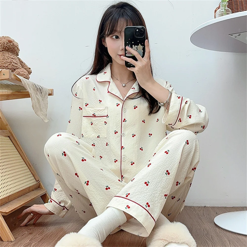 Korean Style Chic Women\'s Sleepwear Set Extra Soft Peach Lapel Long Sleeve Spring Autumn For Home Use Loose Sleepwear Set