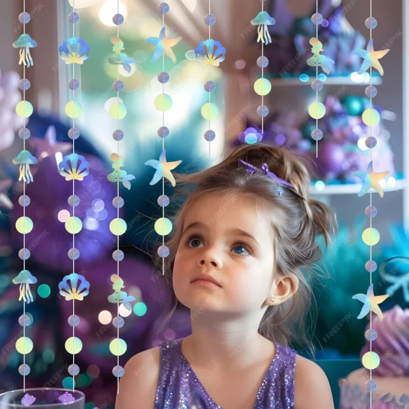 女の子のための虹色の人魚のバナー、クラゲ、ヒトデ、貝殻の花輪、パーティーペンダント、家の装飾用品、誕生日