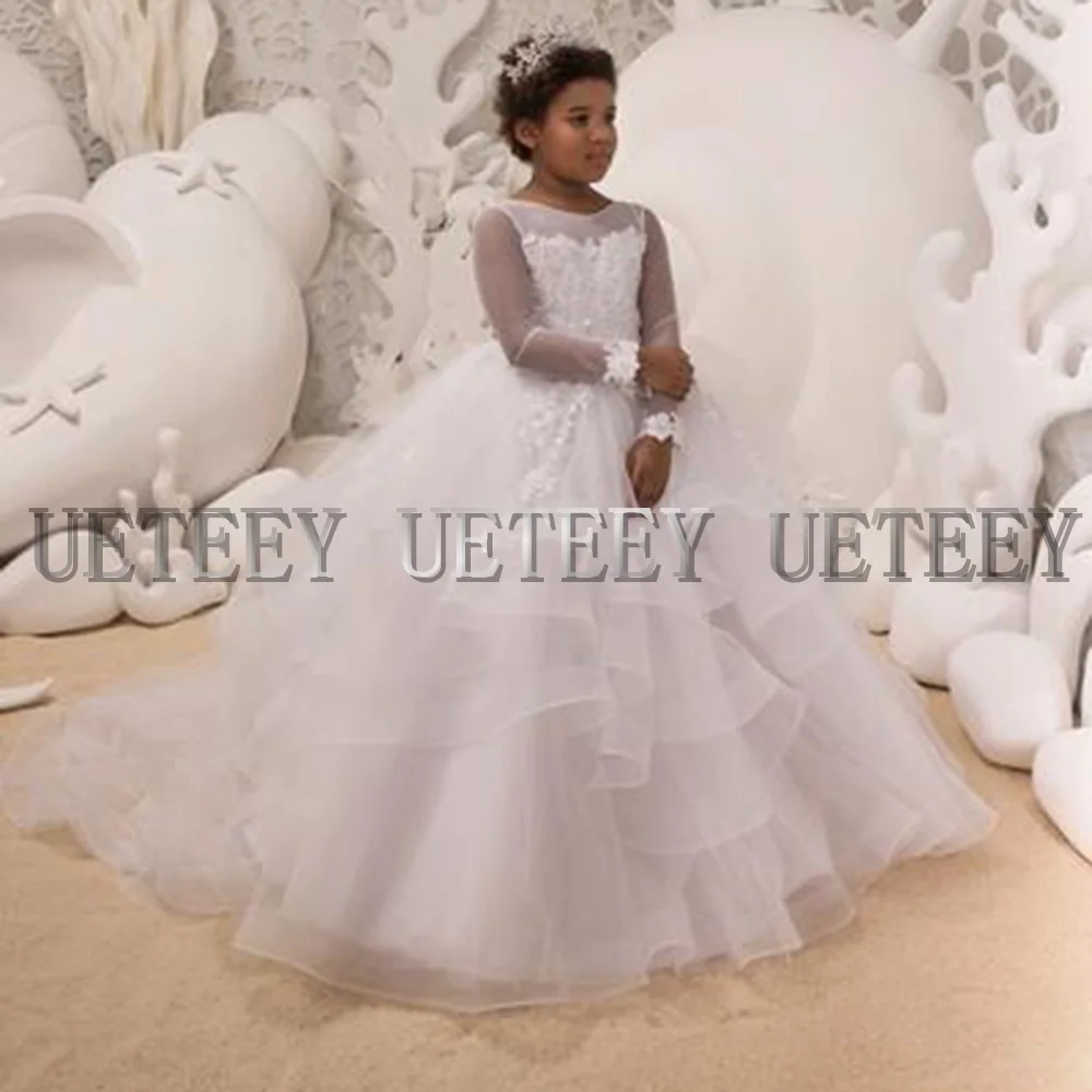 CustomizedUETEEY White Flower Girls Dress Princess Full Sleeve Tulle Long Kid Buttons Back Sexy A-Line Pageant Party Dress