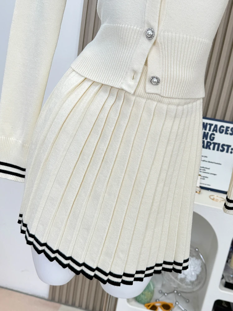 Autumn Winter Women Suit Old Money Knit Outfits 2 Piece Set Long Sleeve Sailor collar Cardigan Sweaters + Mini Pleated Skirt New