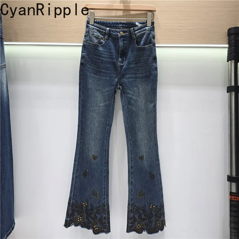 Fashionable Embroidery Butterfly Hot Diamonds Flare Jeans for Women New Spring Autumn High Waist Stretch Skinny Long Denim Pants