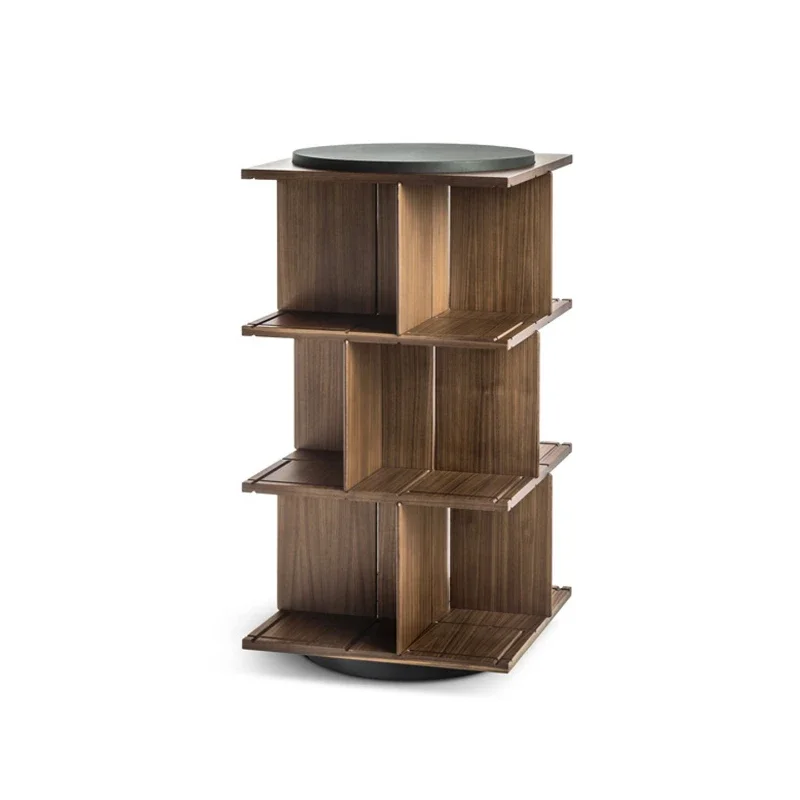 Rotating Bookshelf Solid Wood Living Room Nordic Creative Floor Shelf Household Floor Rotating Premium North American Walnut
