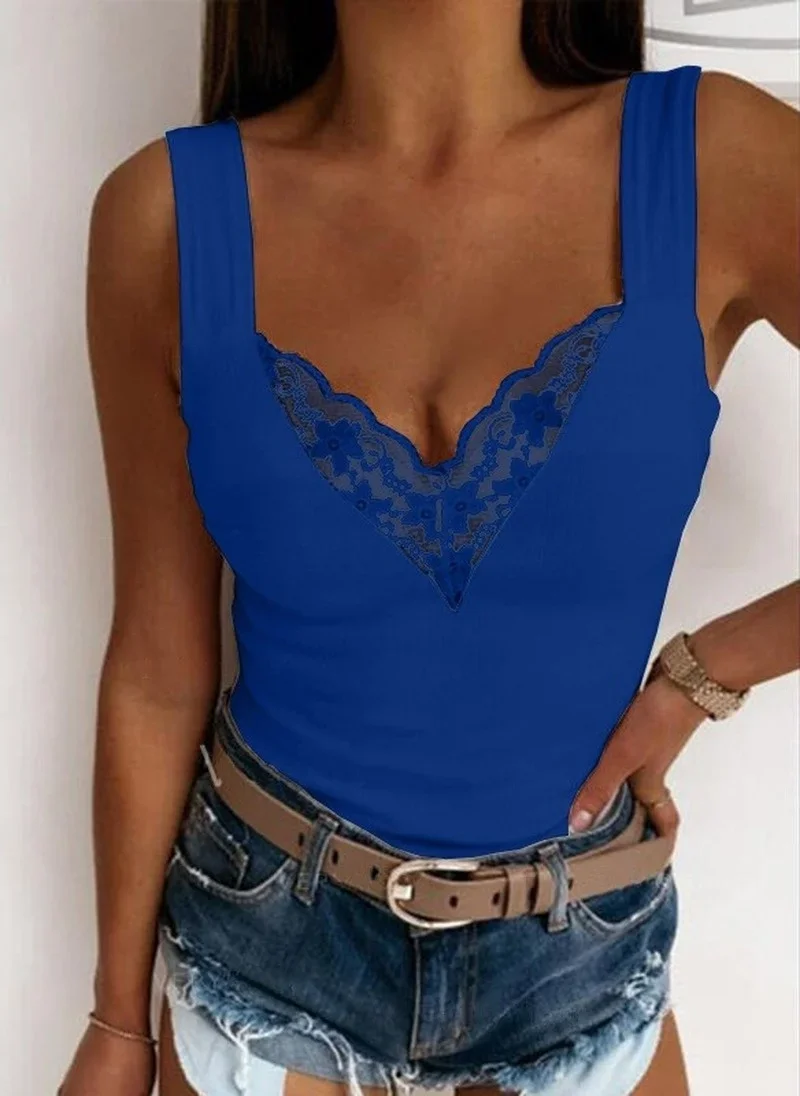 Women Summer Fashion V Neck Tank Casual Solid Color Lace Sleeveless Sexy Shirts Slim Tops