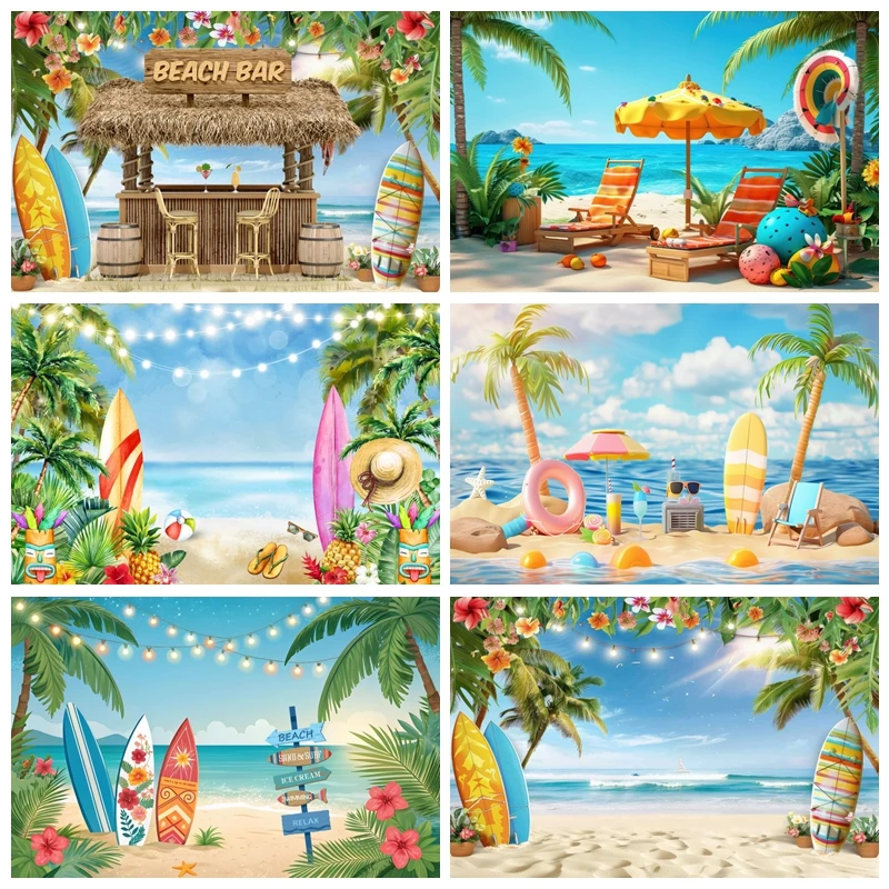 

Summer Hawaiian Tropical Beach Photography Backdrop Aloha Luau Party Ocean Seaside Palm Flamingo Wedding Photo Background Props