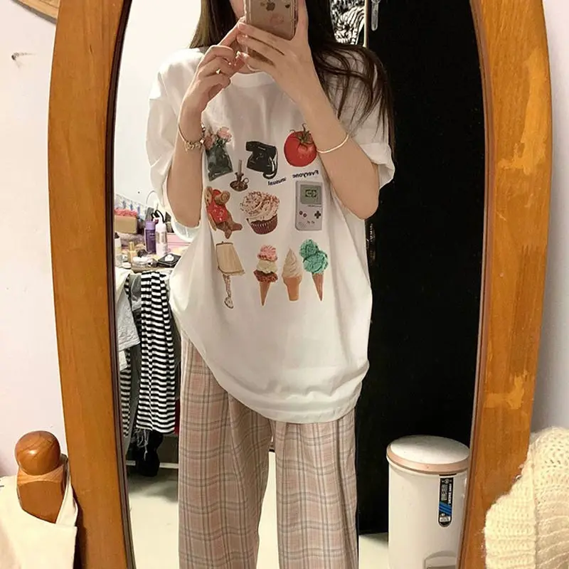 Personalized Retro Items Cute Bear Printed T Shirts White Cotton Summer Oversized T-shirt Harajuku Half Sleeve Casual Tee Tops