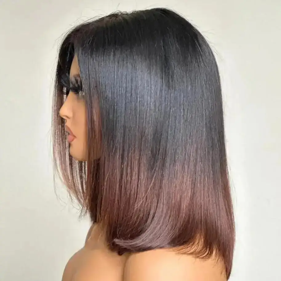 Bob pendek Ombre coklat lembut dasar sutra 5x5 Wig rambut manusia Yahudi alami lurus dengan rambut bayi HD renda rambut Eropa prepked