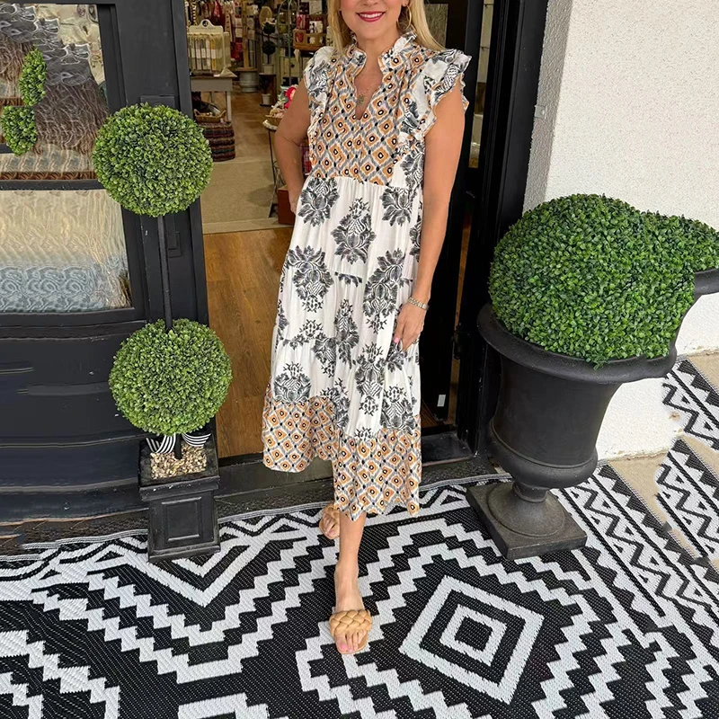 봄 여름 새로운 패션 여성 드레스 레트로 캐주얼 인쇄 슬래시 목 랜턴 슬리브 불규칙한 밑단 슬림 a 라인 롱 드레스