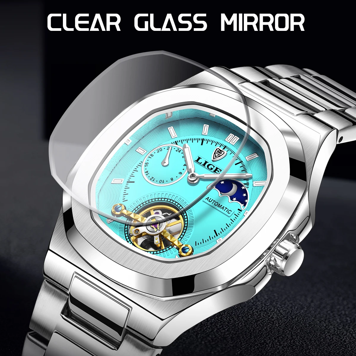LIGE Dual Seconds Tourbillon Watch 24 Hour Mechanical Watch Men Stainless Steel Authentic Watch Night Glow Waterproof Mens Watch