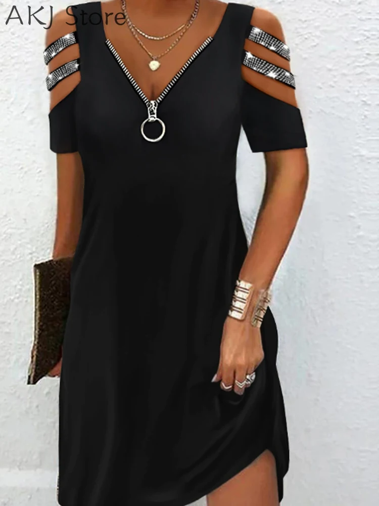 Women Sexy Rhinetone Cutout Cold Shoulder Casual Dress