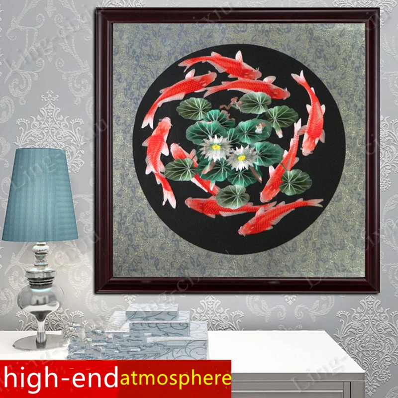 

Mural Su Embroidered Lotus Nine Fish Figure Living Room Bedroom Study Hotel Tea Restaurant Hanging Painting Gift Painting SP083