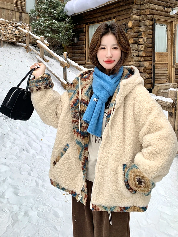 Retro Anti-Aging Double-Sided Wear Warm Lamb Fur Jaet Women ort Sle Autumn Winter New Thiened Fluffy Lamb Velvet Coat