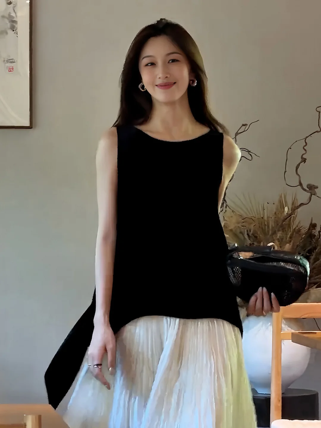plus Size Black Asymmetrical Vest Top Women's Summer New Style Sleeveless Outwear Cover Side Breast Good Taste Shirt