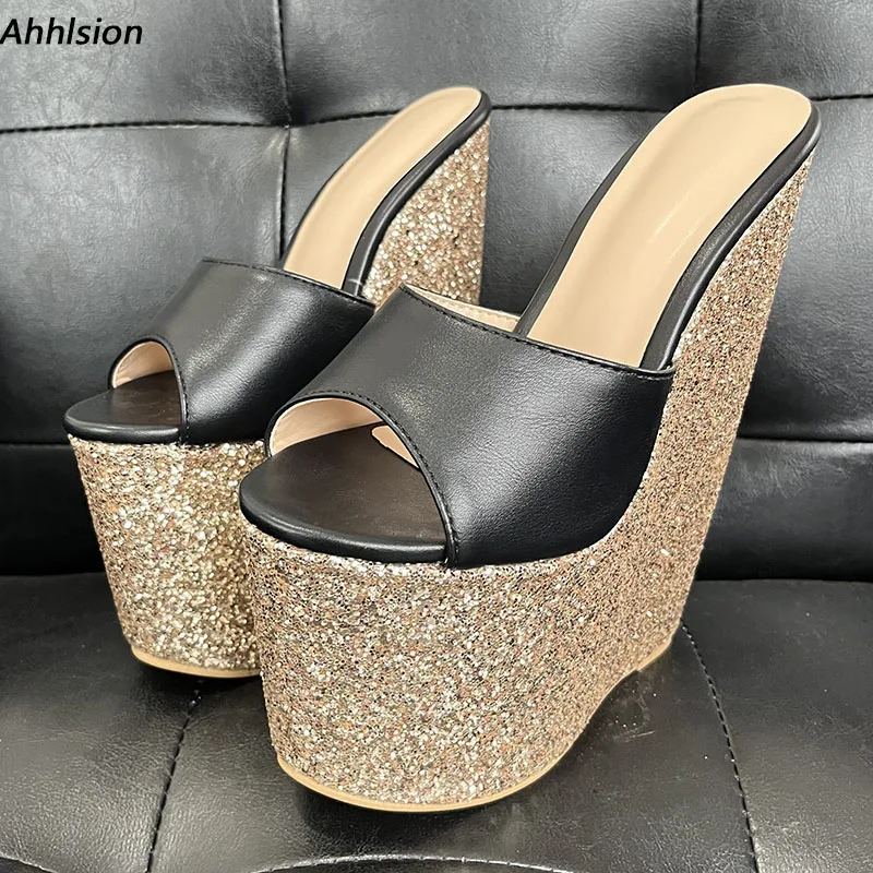 

Ahhlsion/женские сандалии-мюли ручной работы, очень высокие туфли на танкетке с открытым носком, красивые вечерние туфли золотого, серебряного цвета, женские размеры США 4-15