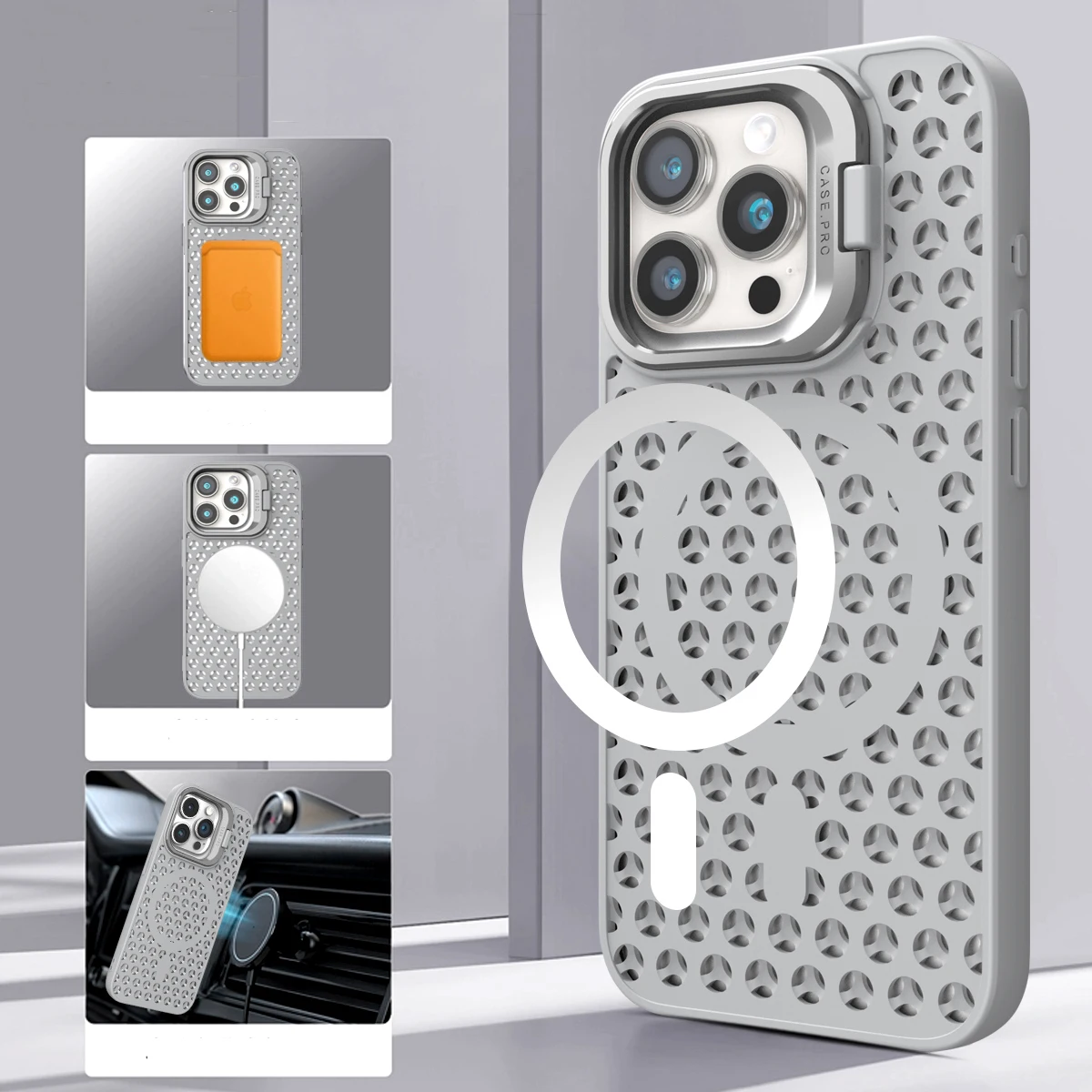 Natural Titanium lens holder magsafe charging phone case for iPhone 15 14 13 12 11 Pro Max magnetic heat dissipation soft cover