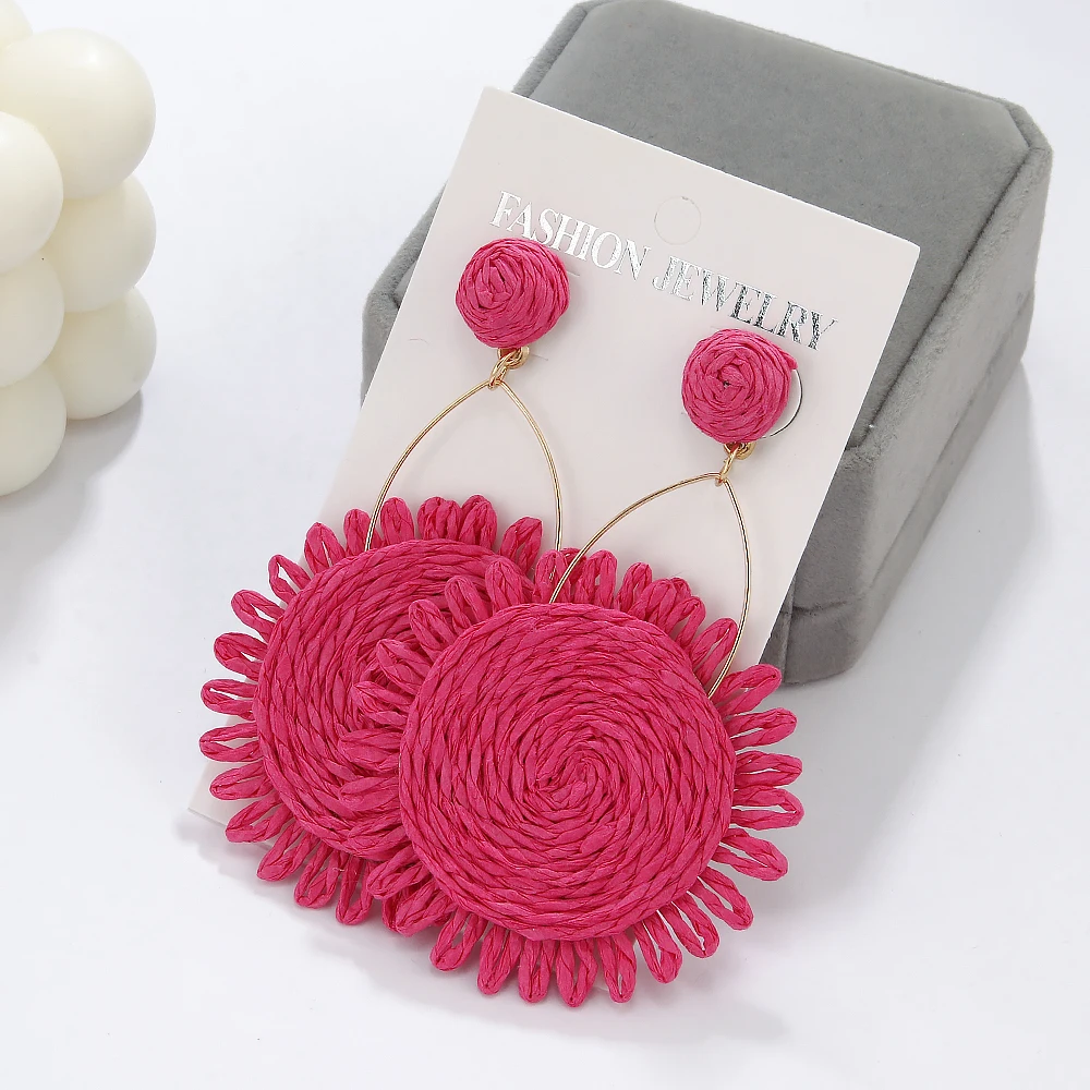 Bohemia Flower Hat Raffia Earrings Handmade Woven Rattan Knit Hanging Earrings for Women Jewelry Exaggerated Ethnic Earring