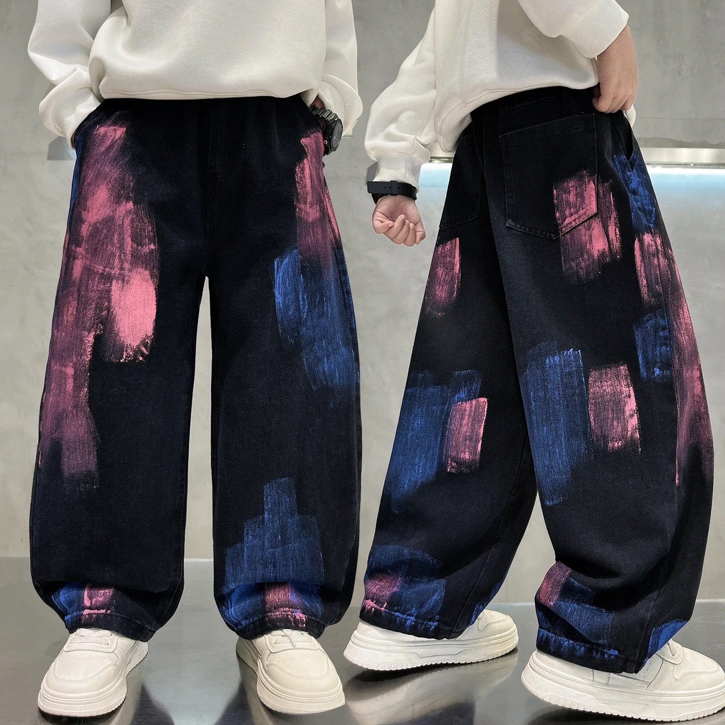

High Fashion Children Distressed Black Baggy Jeans with Drawings for Teenage Boys Hip Hop Trousers Kids Graffiti Denim Pants