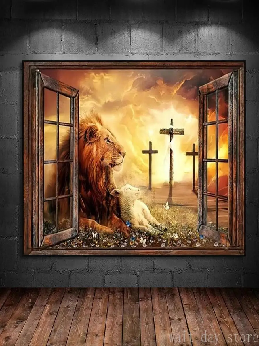 Jesus and Lion Crown of Thorns Canvas Painting  Christianity Art God Poster Print Wall Picture for Living Room Home Decor