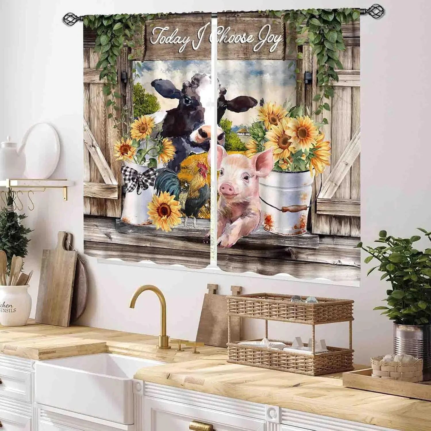 Rustic Farm Curtain Panels, Vintage Barn Door Farm Animals Sunflower Floral Art Print Drapes for Living Room Window Home Decor