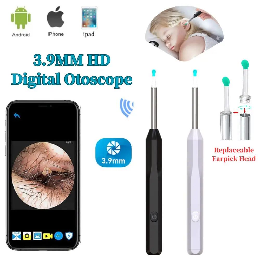 منظار الأذن عالي الدقة مع مجموعة أدوات إزالة شمع الأذن للكاميرا مع 6 أضواء LED للهواتف الذكية iPhone iPad Android