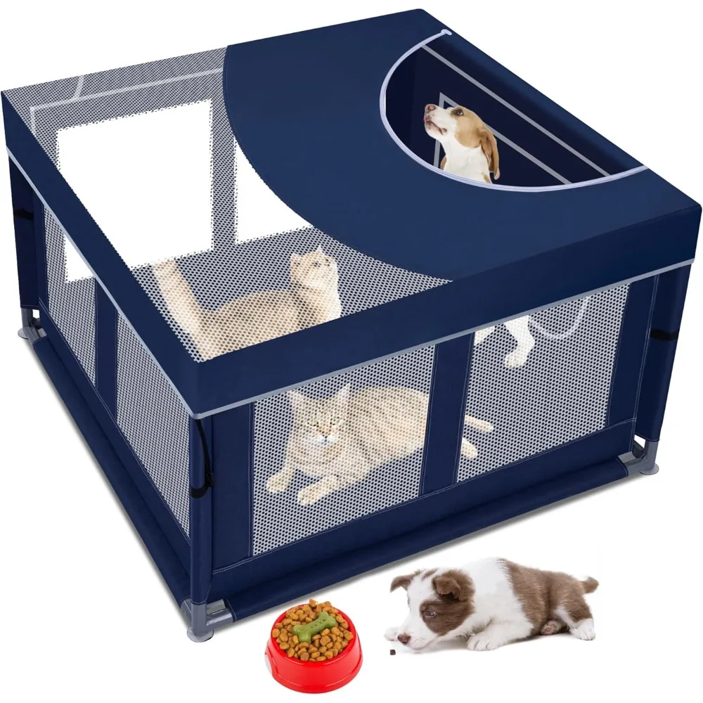 

Dog Kitten Playpen with Play Pen Cover for Cat Indoor 42x42 x25.5 Puppy Playpen for Small Pet with See Through Topper Proof
