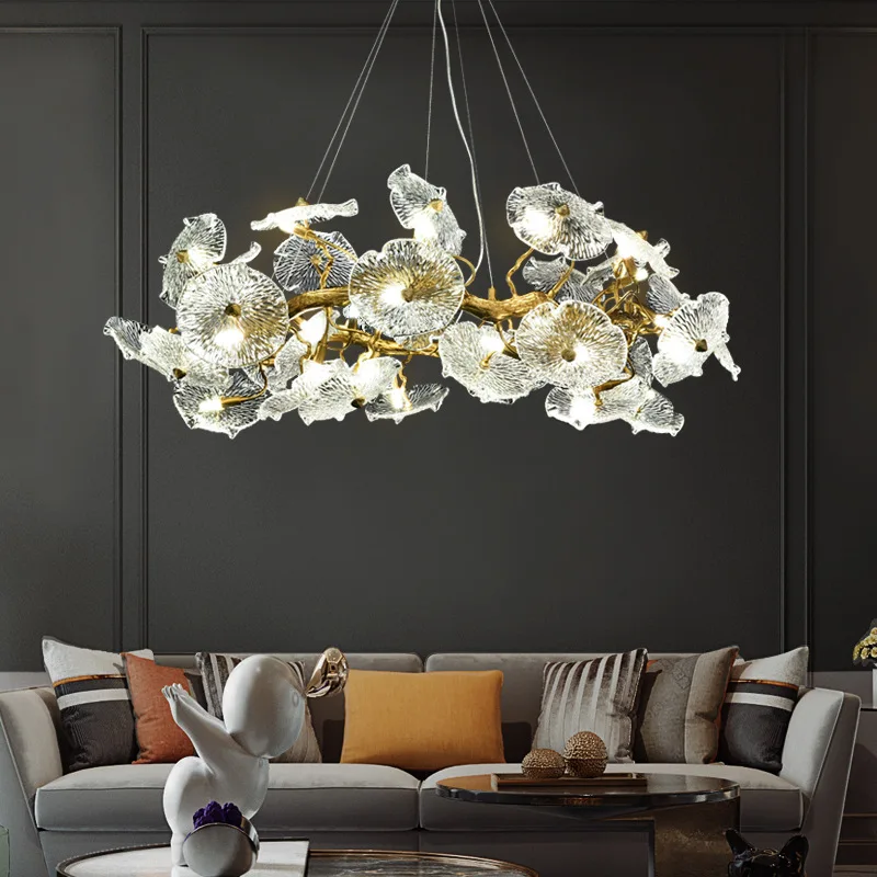 

Light luxury modern living room designer art lotus leaf new Chinese villa study full chandelier