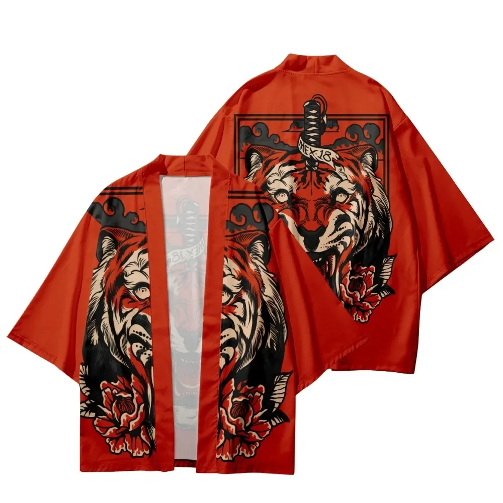 Quimono tradicional para homens e mulheres, camisas estampadas com a espada do tigre vermelho, casaco Yukata, cardigan estilo japonês, roupas Haori cosplay, tamanho grande