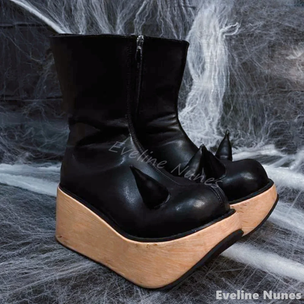 Wooden Wedges Mid Calf Boots Women Cow Horn Round Toe Leather Side Zipper High Top Novelty Catwalk Boots New Punk Modern Boots