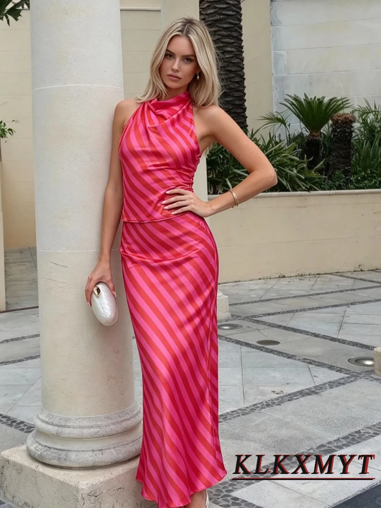 Women Fashion Satin Stripe Sets Sexy Hanging Neck Collar Backless Sleeveless Halter Top+Long Skirts Summer Vacation New 2 Pieces image 2