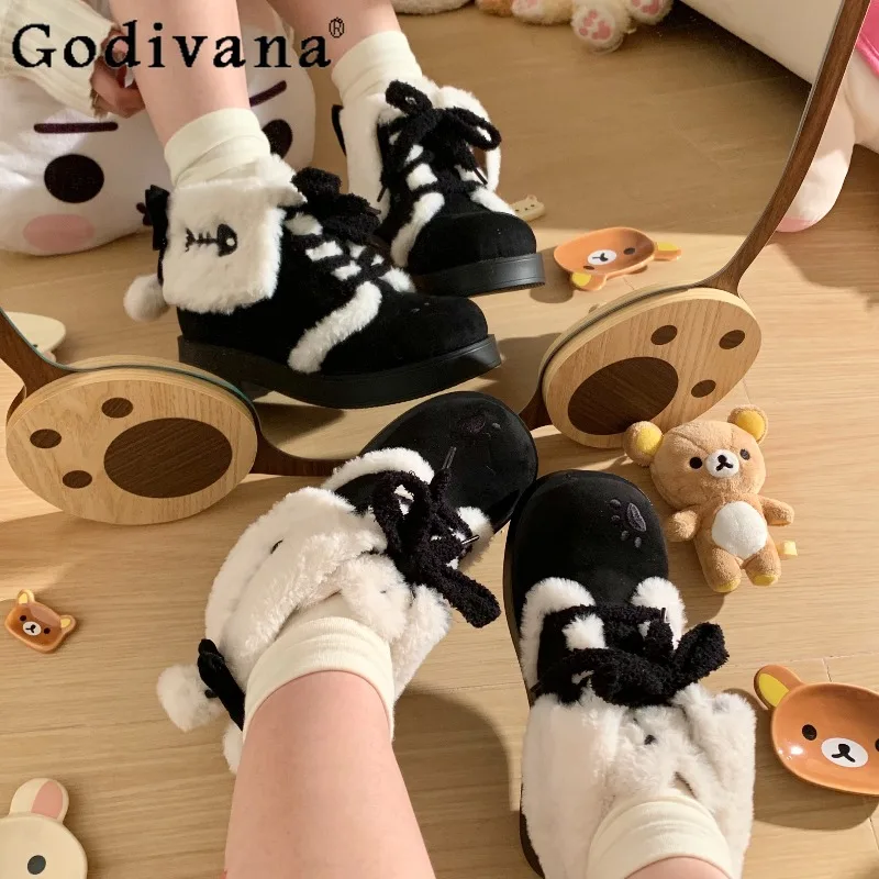 

Japanese Original Lolita Sweet Cute Girl Short Boots Autumn Winter Thickened Warm Cartoon Plush Women's Boots