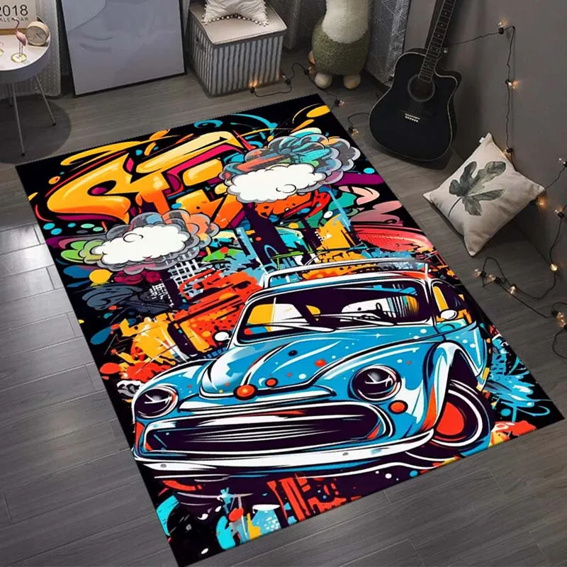Graffiti Vintage Car Doormat, Colorful Street Art Entrance Rug, Cool Auto Floor Mat, Non-slip Living Room Carpet, Man Cave Decor