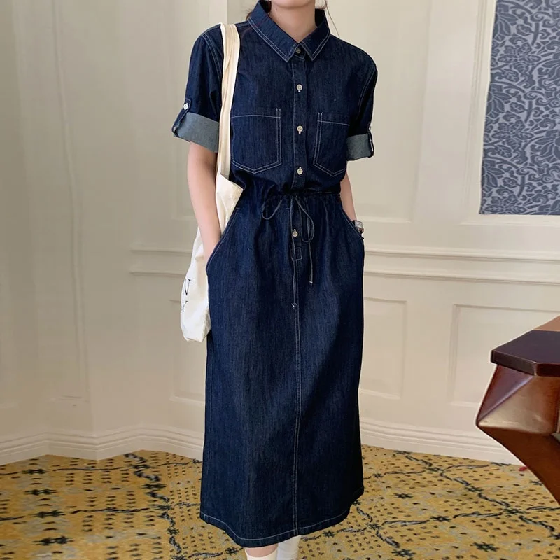 レトロサマーシックウォッシュドデニム半袖ワンピース、スタンドカラーポケットとカフスヘム付き、ハイウエスト韓国風レディース
